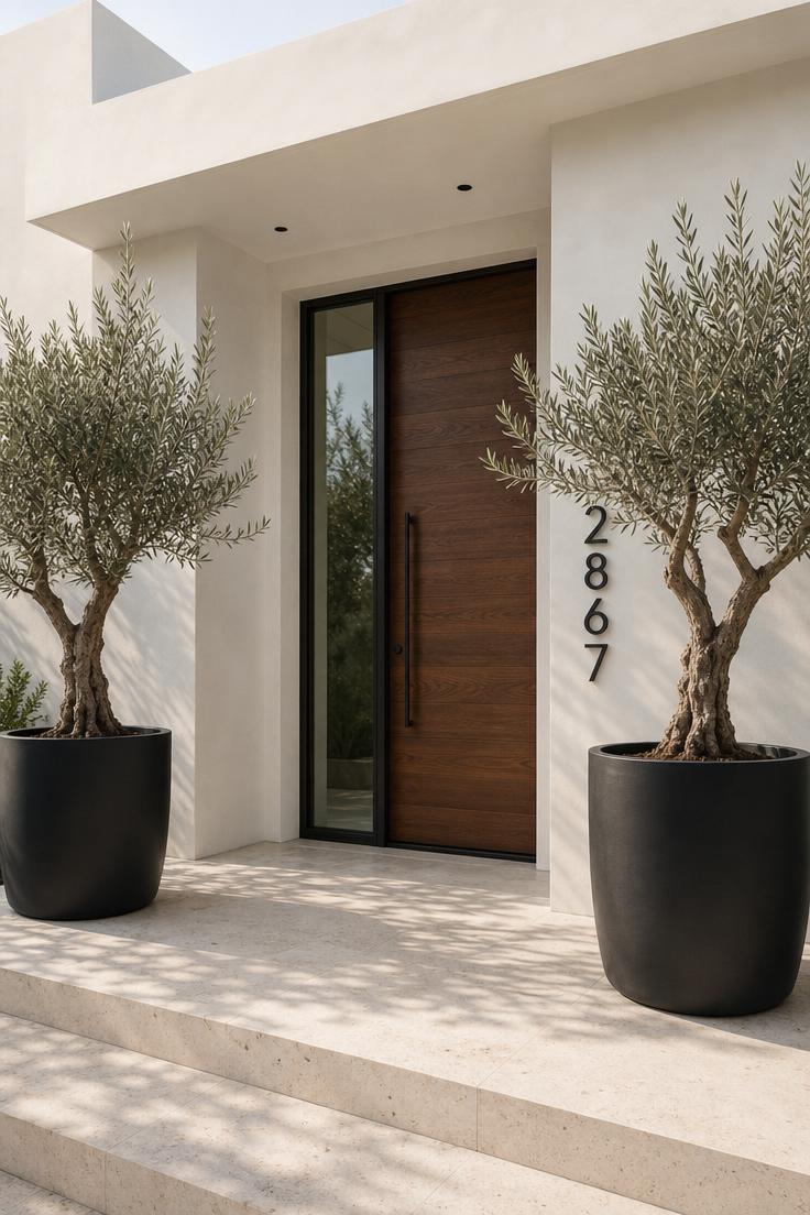 Oversized matte black planters with olive trees flanking a walnut pivot door on a limestone porch at a modern home entry