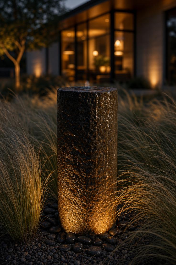 Pondless basalt column water feature with trickling water surrounded by Mexican feather grass at dusk with warm uplight