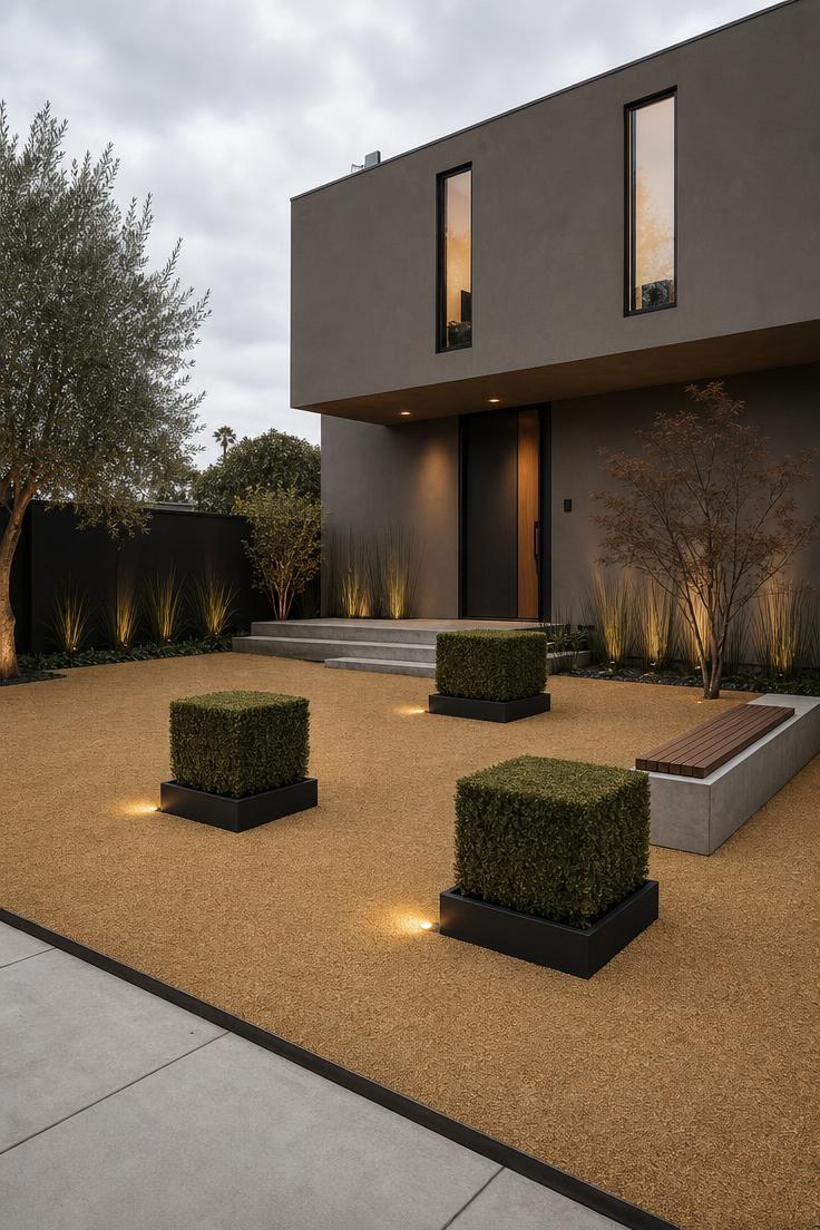 Decomposed granite forecourt with three geometric boxwood cubes at staggered heights and recessed ground lighting at a modern home