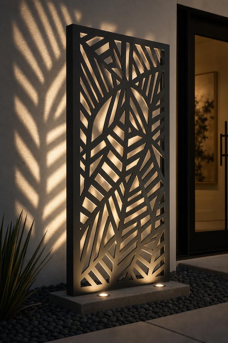 Laser-cut aluminum privacy screen with geometric pattern casting dramatic shadow patterns on a white wall at night