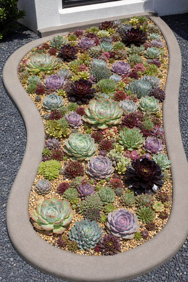 Succulent tapestry bed with echeveria, sempervivum and aeonium planted in a mosaic pattern within smooth concrete curbing