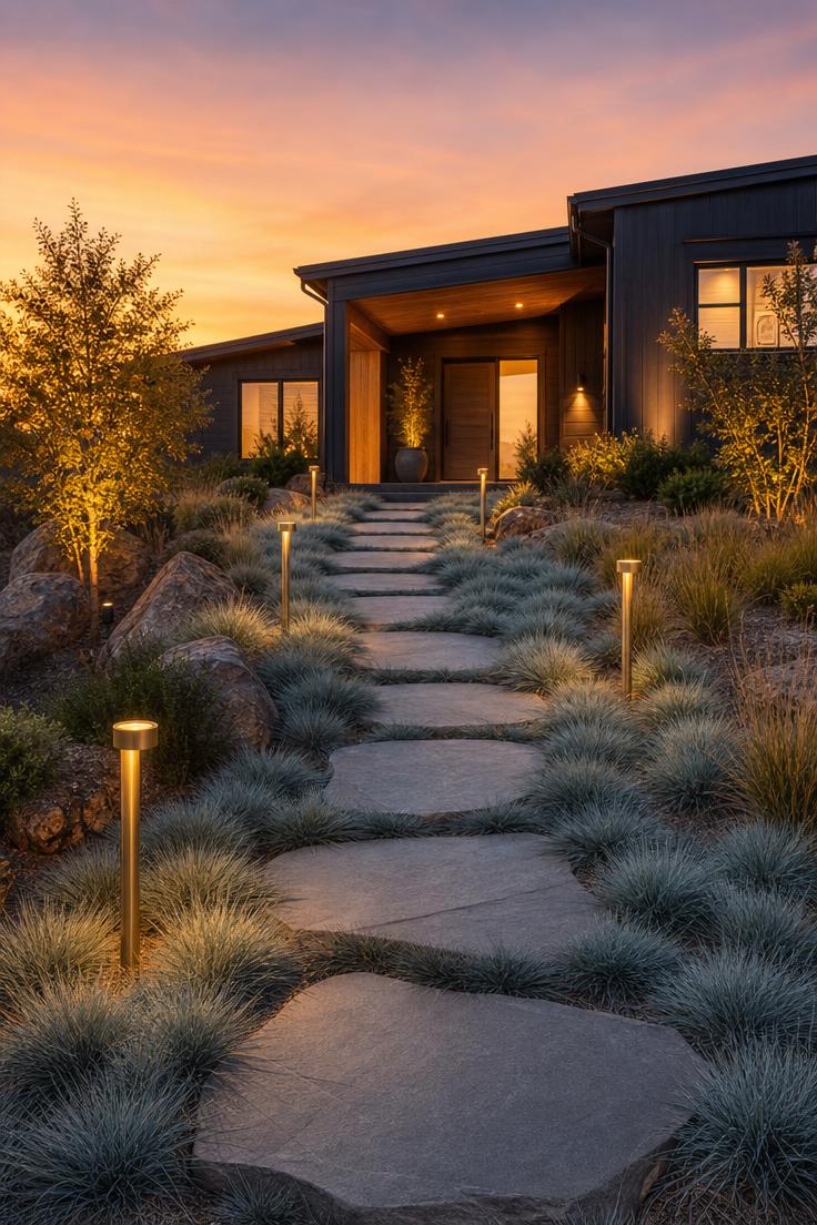 Solar-powered brushed brass bollard lights lining a bluestone stepping path through blue oat grass in a modern front yard at sunset