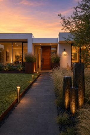 A comprehensive view of a modern front yard at golden hour featuring porcelain pavers, corten steel planters, sedge lawn, basalt water feature and brass bollard lighting