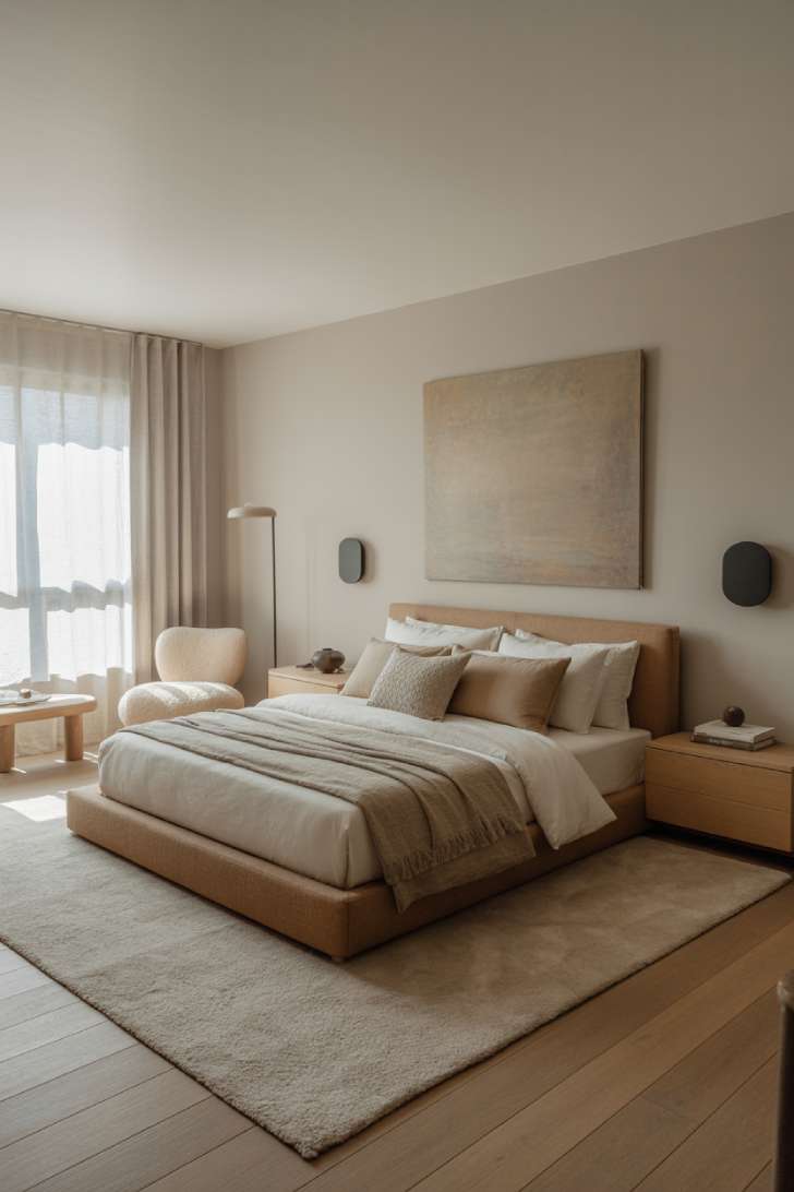 11 Gorgeous Modern Guest Bedroom Ideas for Cozy Comfort 1 A modern guest bedroom with a beige linen platform bed, layered white and taupe bedding, light oak nightstands, and a boucle accent chair in the corner