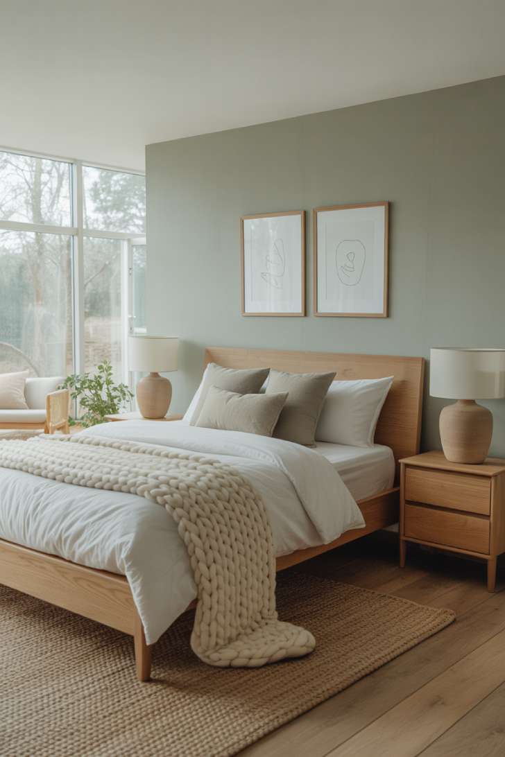 11 Gorgeous Modern Guest Bedroom Ideas for Cozy Comfort 2 A bright Scandinavian-inspired guest bedroom with a light wood bed, sage green accent wall, chunky knit throw, and jute rug