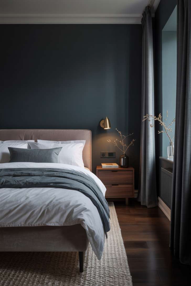 11 Gorgeous Modern Guest Bedroom Ideas for Cozy Comfort 3 A dramatic guest bedroom with a charcoal accent wall, gray velvet upholstered bed, brass sconces, and smoky floor-length curtains