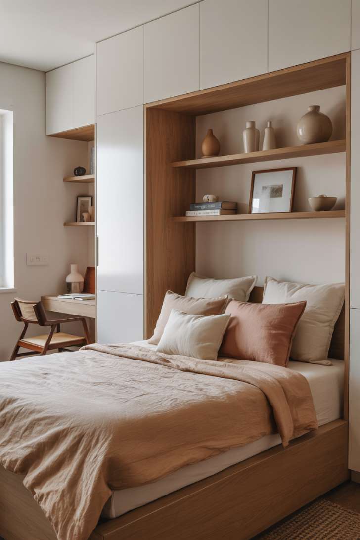 11 Gorgeous Modern Guest Bedroom Ideas for Cozy Comfort 4 A compact guest bedroom with a built-in wall bed, integrated shelving in white and natural wood, and a writing desk by the window