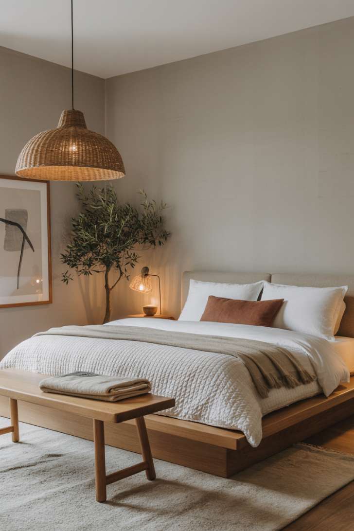 11 Gorgeous Modern Guest Bedroom Ideas for Cozy Comfort 5 A Japandi-inspired guest bedroom with a low oak platform bed, off-white textured quilt, woven pendant light, and a potted olive tree