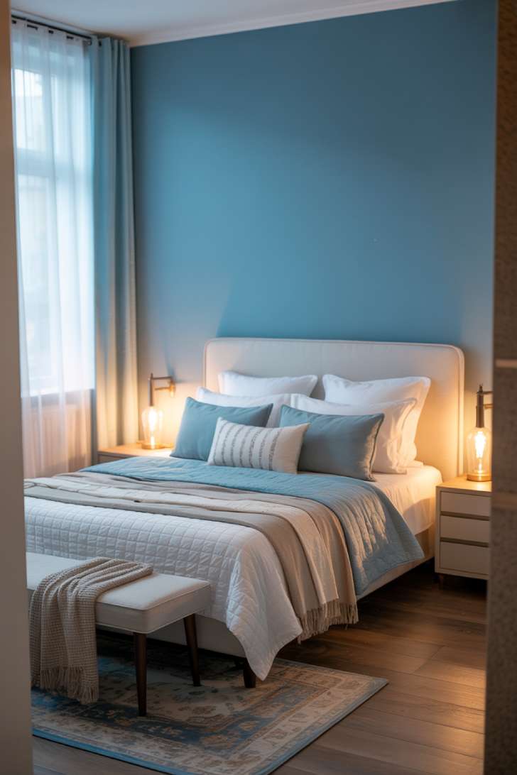 11 Gorgeous Modern Guest Bedroom Ideas for Cozy Comfort 6 A cozy guest bedroom with a soft blue accent wall, white upholstered headboard, blue and gray layered bedding, and sheer curtains
