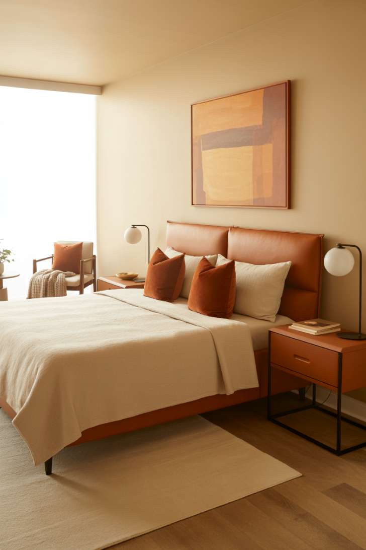 11 Gorgeous Modern Guest Bedroom Ideas for Cozy Comfort 7 A modern guest bedroom with a camel leather headboard, white bedding, rust-colored accent pillows, warm abstract art, and a reading nook corner