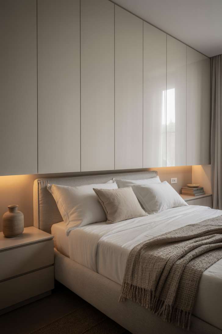 11 Gorgeous Modern Guest Bedroom Ideas for Cozy Comfort 8 A minimalist white guest bedroom with a soft gray upholstered bed, built-in wardrobes, floating nightstands with concealed lighting, and sheer curtains