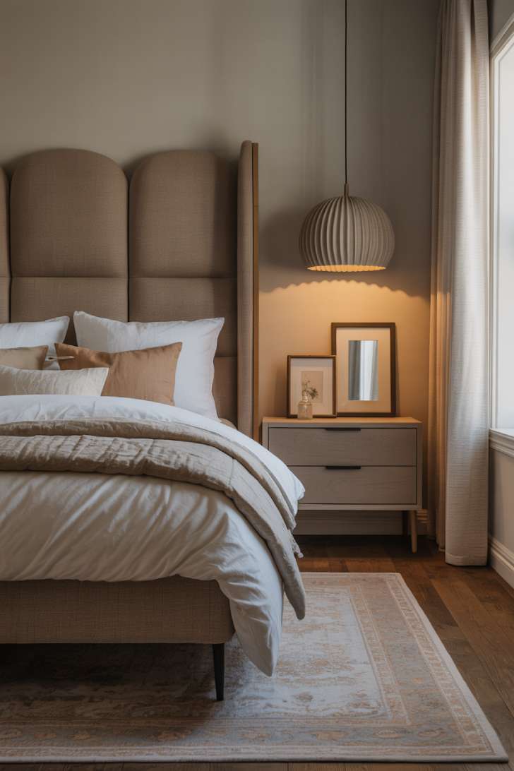 11 Gorgeous Modern Guest Bedroom Ideas for Cozy Comfort 9 A warm guest bedroom with a tall taupe padded headboard, ivory and oatmeal layered bedding, a statement pendant light, and a patterned neutral rug