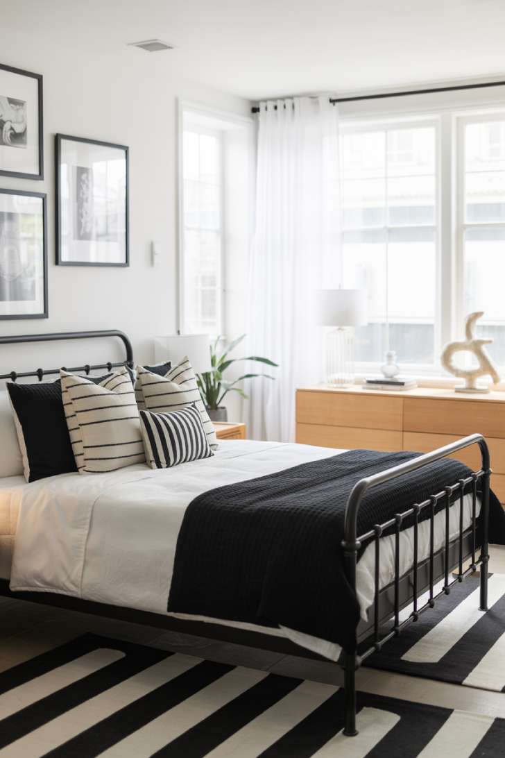11 Gorgeous Modern Guest Bedroom Ideas for Cozy Comfort 10 A contemporary black and white guest bedroom with a black metal bed frame, white bedding, gallery wall with black frames, geometric rug, and a wood dresser
