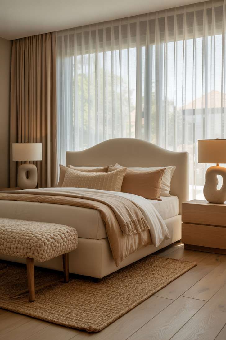 11 Gorgeous Modern Guest Bedroom Ideas for Cozy Comfort 11 A contemporary guest bedroom with a creamy upholstered bed, beige and sand layered bedding, wide plank oak floors, a boucle bench, and sheer curtains filtering soft daylight