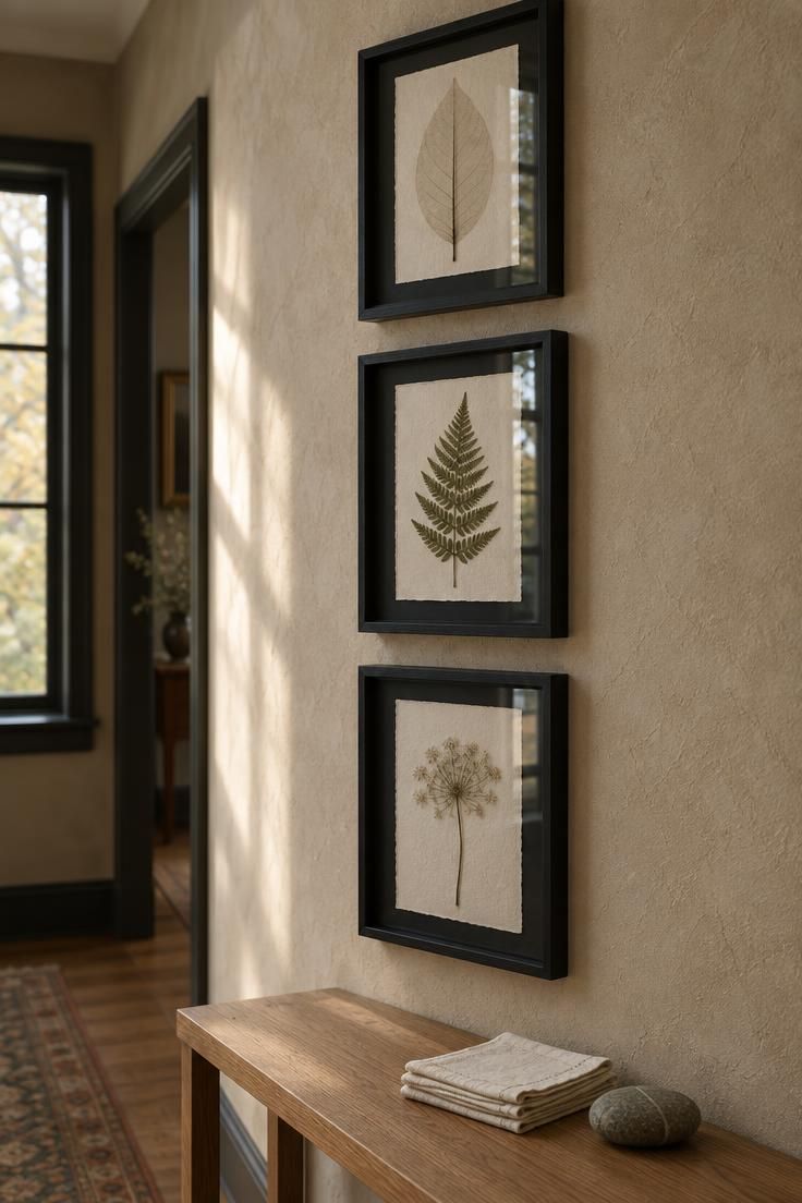 11 Moody Modern Halloween Decor Ideas for a Calm Home 1 Three black-framed pressed botanical specimens in a vertical row on a warm plaster hallway wall.