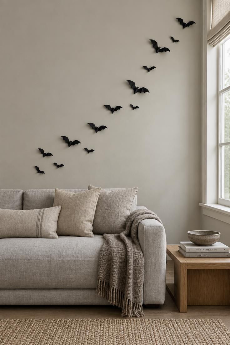 11 Moody Modern Halloween Decor Ideas for a Calm Home 2 Matte black paper bats in a rising curve across a pale wall above a light gray sofa with linen cushions.