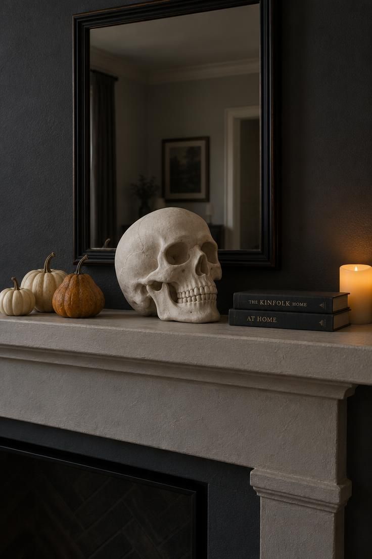 11 Moody Modern Halloween Decor Ideas for a Calm Home 3 Black-framed mirror and oversized matte ceramic skull on a charcoal-walled mantel with small cream pumpkins.