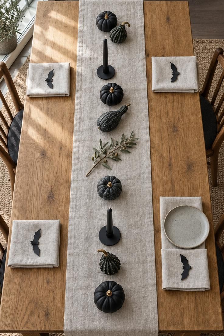 11 Moody Modern Halloween Decor Ideas for a Calm Home 4 Overhead view of a linen runner with matte black pumpkins, black tapers, and bone napkins on an oak table.