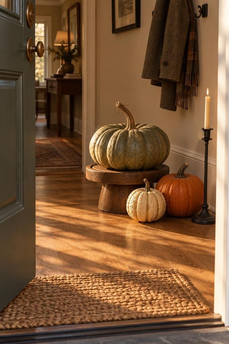 11 Moody Modern Halloween Decor Ideas for a Calm Home 5 Sage and cream heirloom pumpkins on a wooden pedestal in a warm entry with a black candlestick nearby.