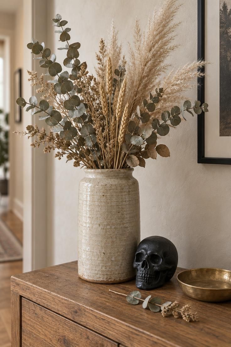 11 Moody Modern Halloween Decor Ideas for a Calm Home 6 Stoneware crock with dried eucalyptus and wheat, a small black skull at its base, on a warm oak console.