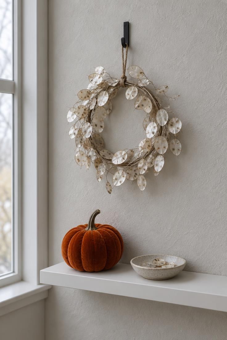 11 Moody Modern Halloween Decor Ideas for a Calm Home 8 Small dried lunaria wreath on a pale wall above a single burnt orange velvet pumpkin on a shelf.