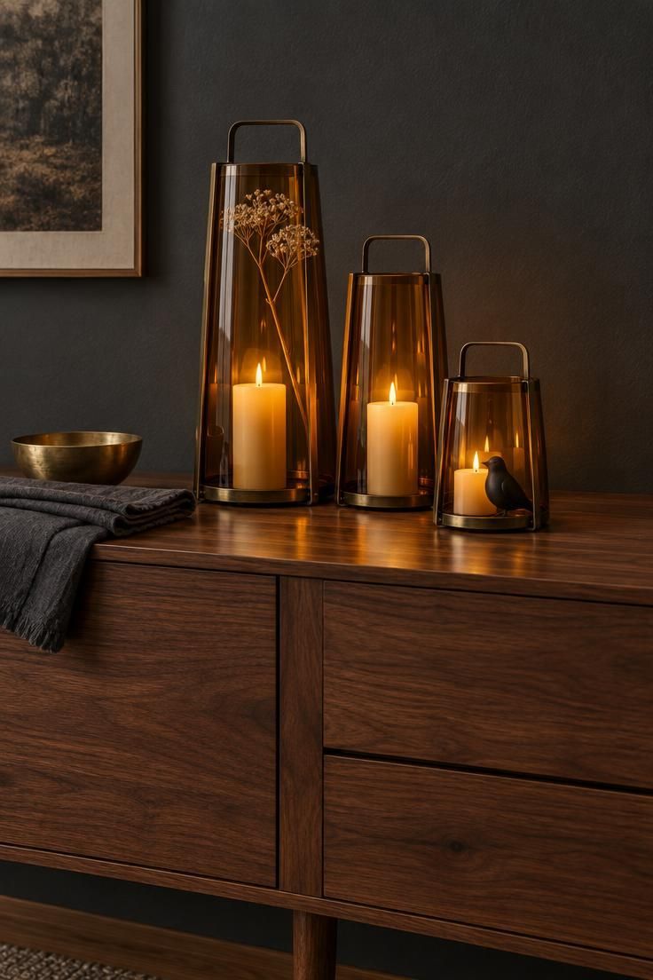 11 Moody Modern Halloween Decor Ideas for a Calm Home 9 Three amber glass lanterns with flameless candles staggered on a walnut sideboard against a dark grey wall.