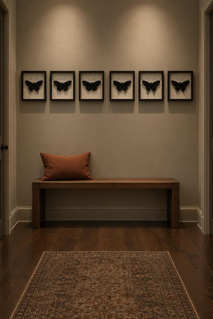 11 Moody Modern Halloween Decor Ideas for a Calm Home 10 Black velvet moth silhouettes in a straight row of shallow shadow boxes along a warm greige hallway wall.