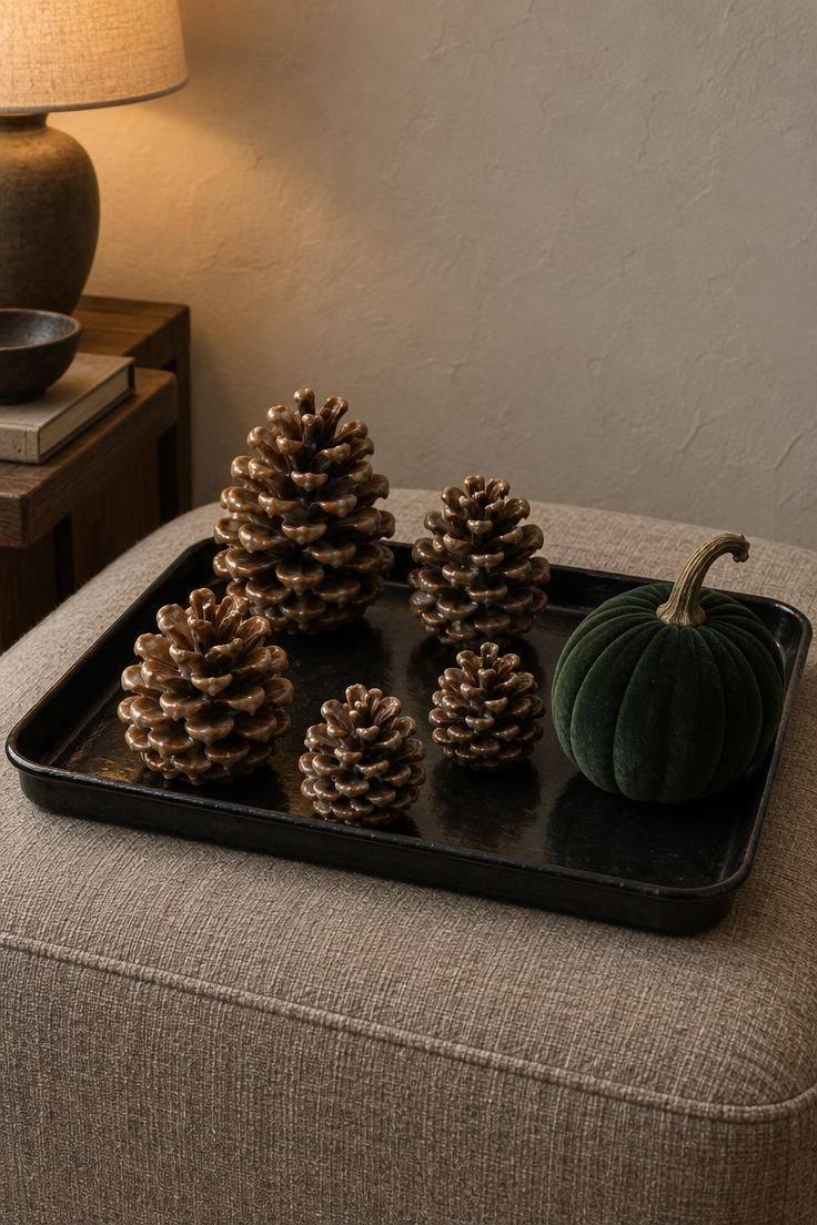 11 Moody Modern Halloween Decor Ideas for a Calm Home 11 Black enamel tray with waxed pinecones and a single green velvet gourd on a linen ottoman.