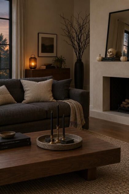 11 Moody Modern Halloween Decor Ideas for a Calm Home Calm living room with a matte black skull on the mantel, black tapers on a tray, and black branches in a corner vase.