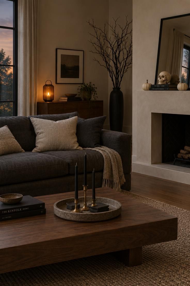 Calm living room with a matte black skull on the mantel, black tapers on a tray, and black branches in a corner vase.