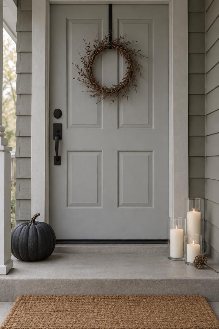 Pale gray front door with one matte black pumpkin on the left step and three bone pillar candles in glass cylinders on the right, a twig wreath centered above and a jute mat below.
