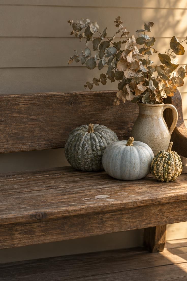 Weathered wooden bench holding a gray-green gourd, a pale blue gourd, and a warty gourd with gaps between them, plus a stoneware pitcher of dried eucalyptus, lit by warm afternoon light.
