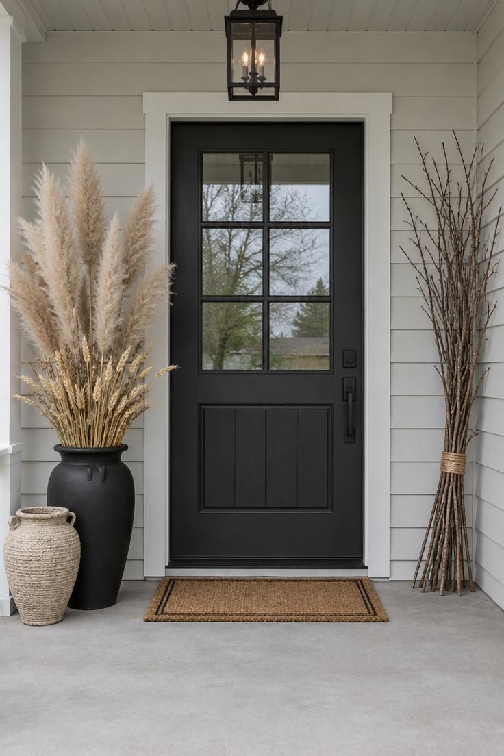 Matte black urn filled with tall pampas and dried wheat beside a front door, with a separate bundle of bare branches leaning against light siding nearby, lit by soft overcast light.