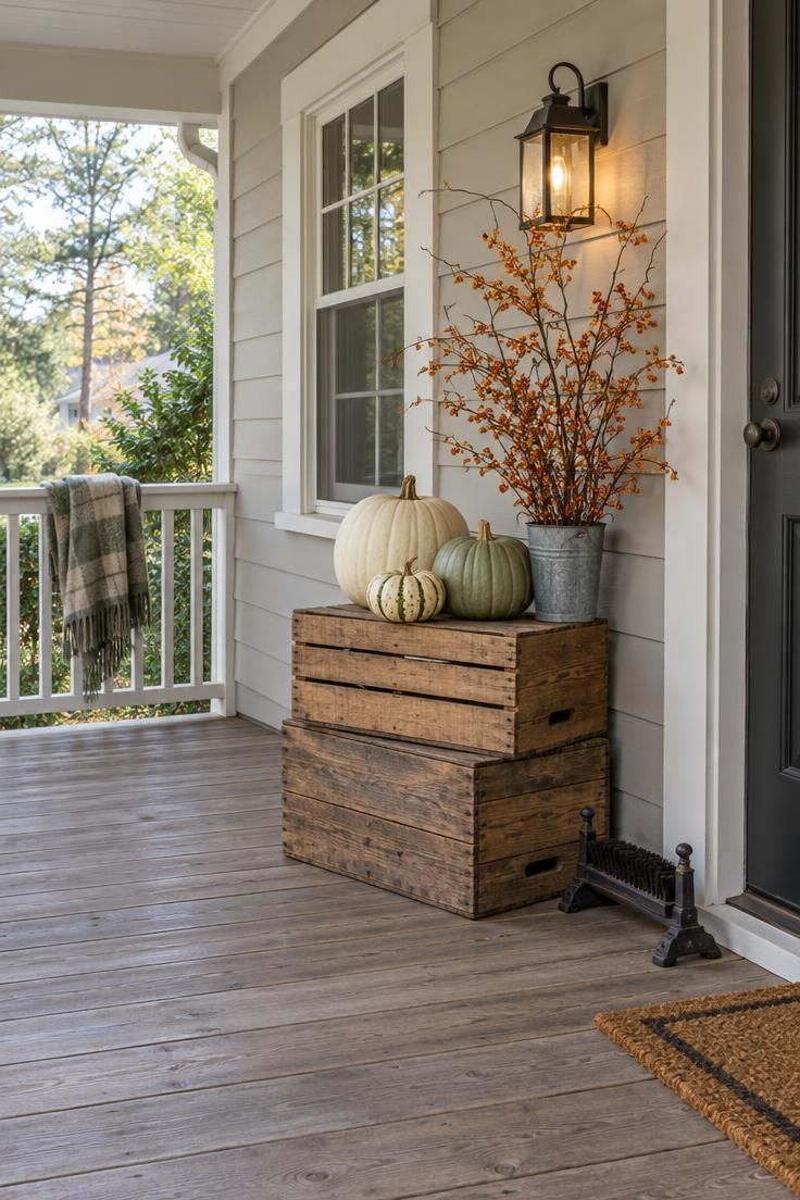 Two stacked wooden crates on a covered porch holding cream and sage pumpkins with a galvanized bucket of dried bittersweet, warm porch light glowing behind the stems.