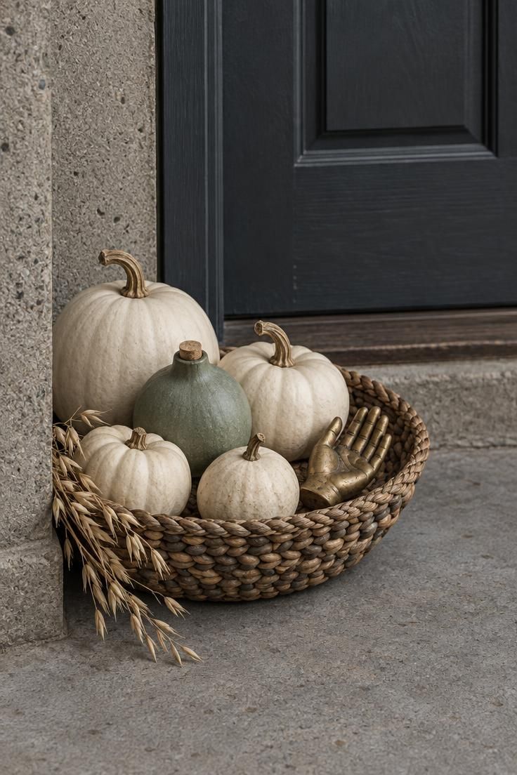 Shallow woven pebble basket holding matte bone-white gourds and one gray-green gourd with a single brass hand ornament resting beside them on a front porch floor.