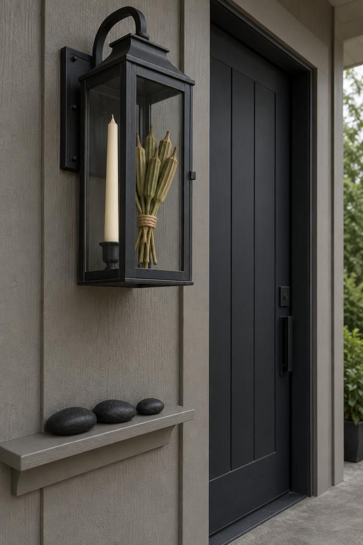 Black metal lantern sconce beside a charcoal door with a cream taper, dried okra pods, and three black river stones on a narrow wall ledge.