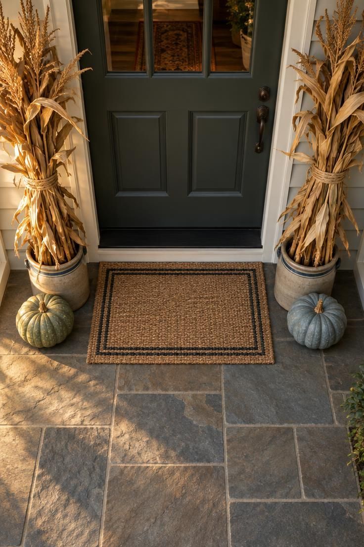 Overhead view of a front door with dried cornstalk bundles on each side, one muted heirloom gourd at each base, and a clear center stoop.