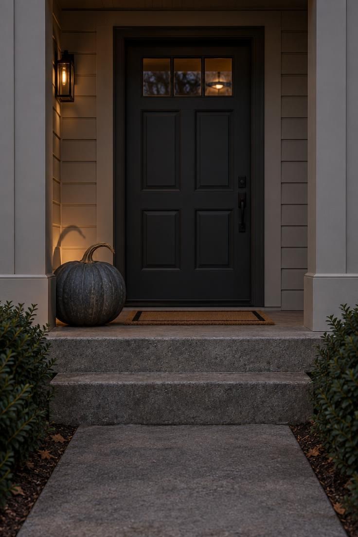 One large charcoal pumpkin with a dried stem on the left side of a clean porch step, door centered behind, only a doormat on the floor, lit by a warm uplight at evening.