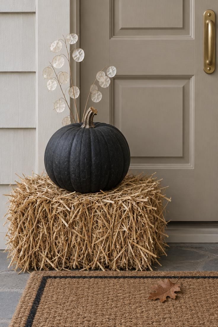 One matte black pumpkin on a straw bale next to a pale wood front door, two dried lunaria stems with translucent pods rising behind it, jute doormat below.