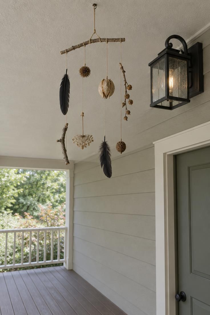 Small hanging mobile of twigs, dried seed pods, and black feathers suspended near a porch light below a neutral ceiling, with a clear porch floor below.