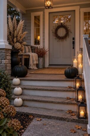 11 Cozy Modern Halloween Porch Decor Ideas for Fall 13 Cozy dusk porch with matte black pumpkins and bone candles by a pale gray door, twig wreath above, dried pampas in a black urn, white pumpkins on the steps, a knit throw on a bench, and warm lanterns along the step edge.