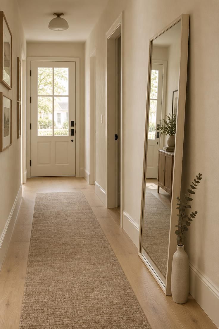 17 Calm Modern Hallway Ideas for a Long Open Passage 1 A tall narrow mirror leaning against the wall opposite a bright front door in a warm neutral hallway with a wool runner and dried eucalyptus.
