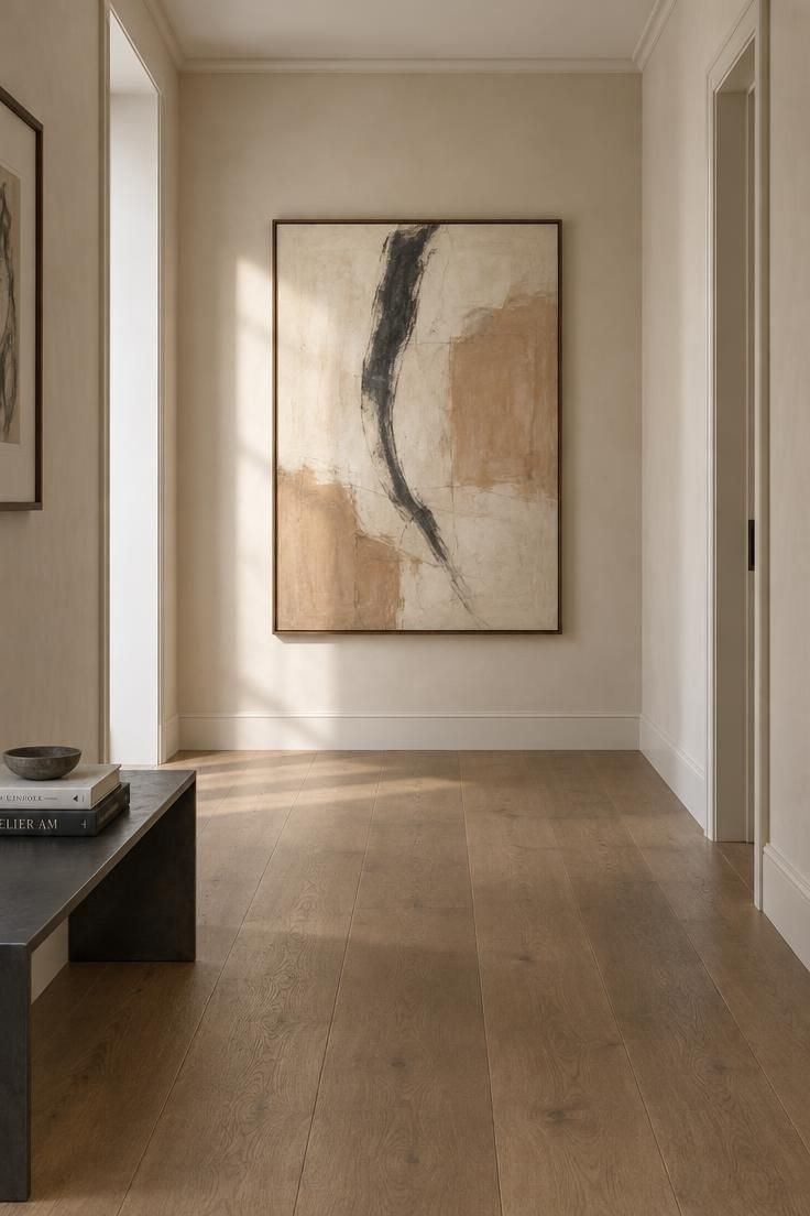 17 Calm Modern Hallway Ideas for a Long Open Passage 2 A large abstract canvas in warm ivory and clay tones centered on the far wall of a pale plaster corridor with a matte oak floor.