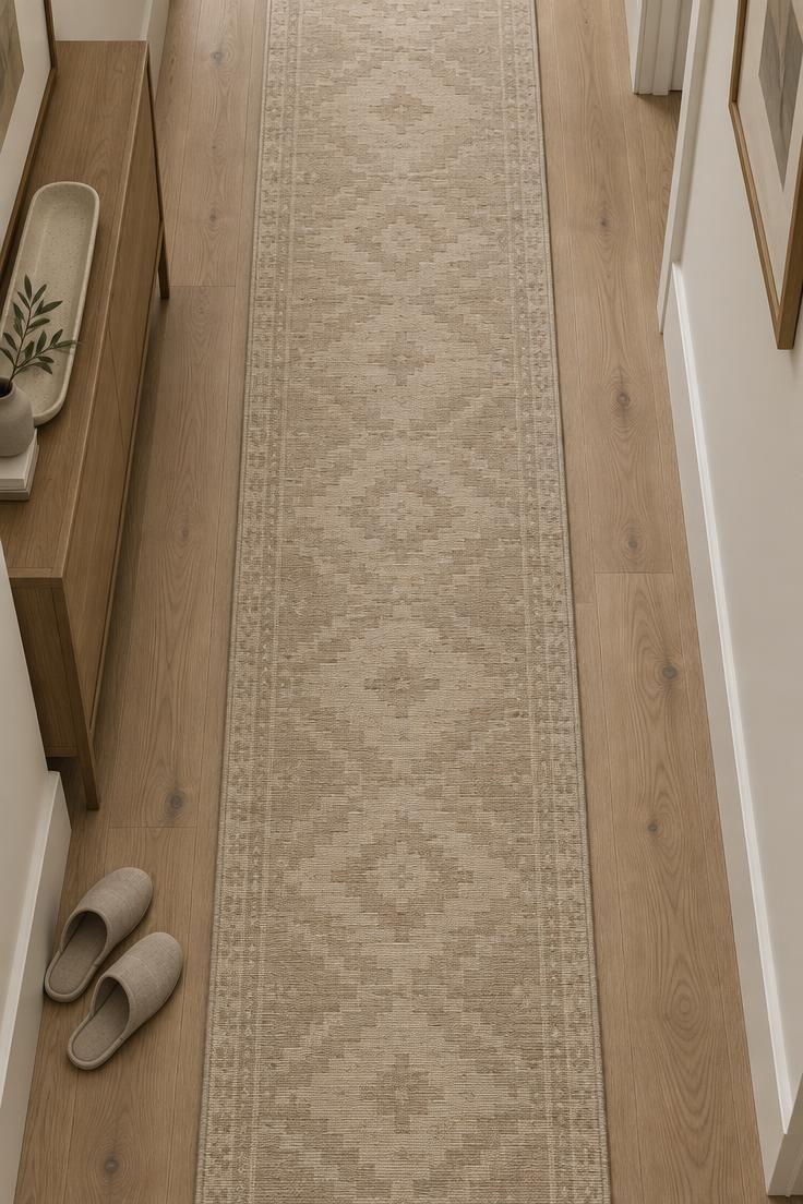 17 Calm Modern Hallway Ideas for a Long Open Passage 3 A long flatweave runner in warm sand running the full length of a corridor over pale oak flooring with a linen slipper at the edge.