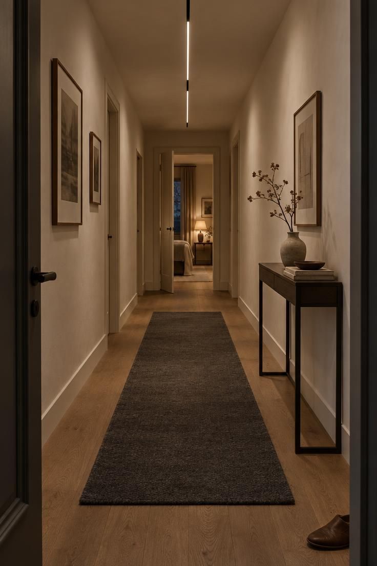 17 Calm Modern Hallway Ideas for a Long Open Passage 4 A slim matte black linear ceiling fixture following the length of a warm off-white corridor above a charcoal runner.