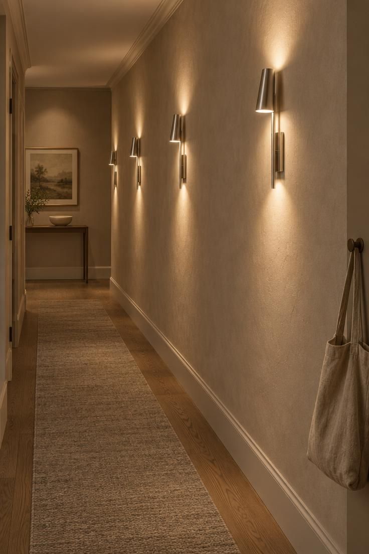 17 Calm Modern Hallway Ideas for a Long Open Passage 5 A row of evenly spaced brushed nickel wall sconces washing a warm greige corridor wall above a taupe wool runner.