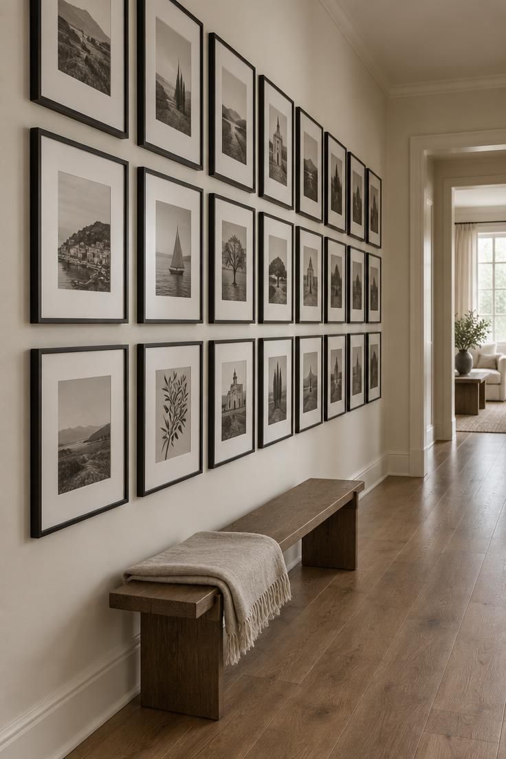 17 Calm Modern Hallway Ideas for a Long Open Passage 6 A strict grid of identical black-framed monochrome prints along a blank corridor wall above a slim bench with a folded linen throw.