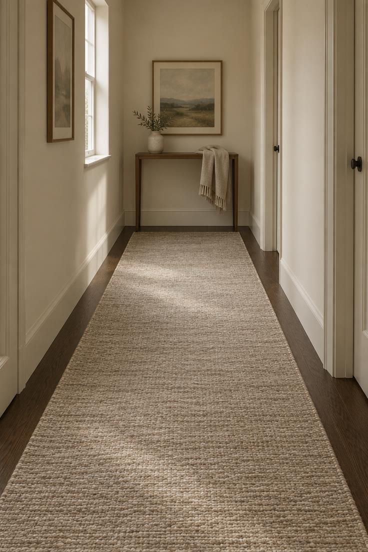 17 Calm Modern Hallway Ideas for a Long Open Passage 7 A full-width wool runner spanning the entire floor of a narrow corridor with dark oak showing only at the edges.