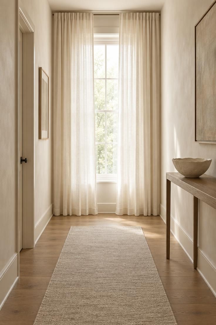 17 Calm Modern Hallway Ideas for a Long Open Passage 8 Floor-length cream linen curtains framing a bright window at the end of a warm ivory corridor with a pale wool runner.