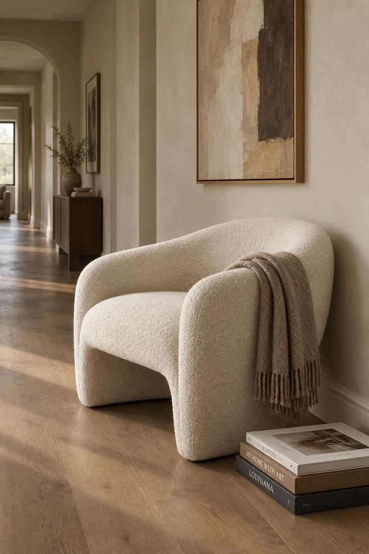 17 Calm Modern Hallway Ideas for a Long Open Passage 9 A single sculptural chair in cream bouclé placed against a long quiet corridor wall with art books and a folded wool throw.